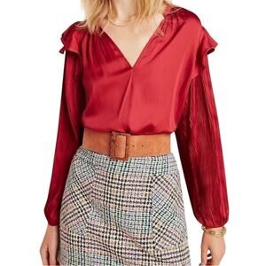 Anthropologie Dolan Sloane Blouse Burgundy Red Satin Pleated Long Sleeve Small